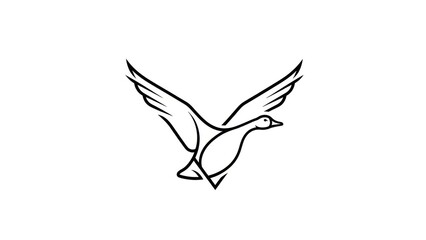 Elegant black line art illustration of a wild duck soaring with wings gracefully spread,