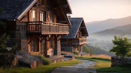 A rustic wooden chalet exterior with steep pitched roof stone foundation and wide balcony Foreground pathway remains clean