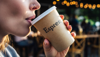 A young woman drinks a hot, fresh espresso from a to-go cup.