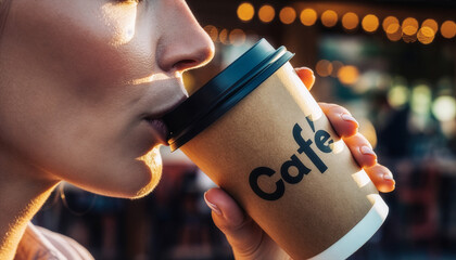 A young woman drinks a hot, fresh coffee from a to-go cup	