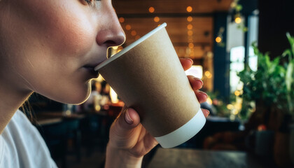 A young woman drinks a hot, fresh coffee or tee from a to-go cup