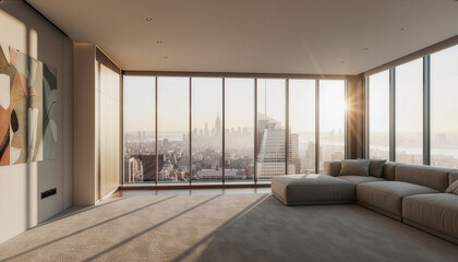 A modern apartment with a beautiful view from large windows