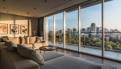 A modern apartment with a beautiful view from large windows
