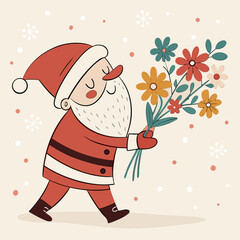 a cheerful santa claus is happily walking while delicately holding a vibrant bouquet of freshly picked colorful flowers