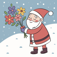 a cheerful santa claus is happily holding a vibrant bouquet of colorful spring flowers amidst falling snowflakes creating a joyful