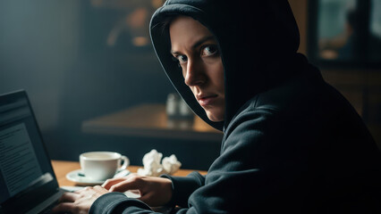 Suspicious Person in Black Hoodie Using Laptop for Cybercrime in Dark