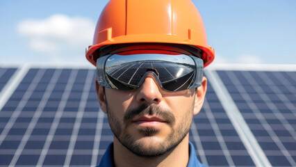 Solar Energy Engineer in Orange Hard Hat with Panel Reflection