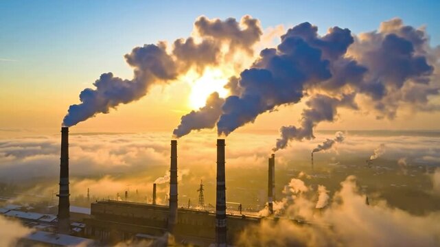 Industrial chimneys emitting smoke into the atmosphere during sunset.