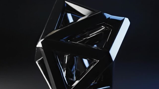 A hypnotically rotating impossible geometric structure composed of dark, polished metallic surfaces creating a perfect seamless loop design, architectural, optical