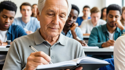 Senior Man Writing in Notebook During Lecture for Lifelong Learning