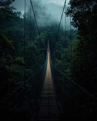 Obraz premium Suspension bridge in misty forest