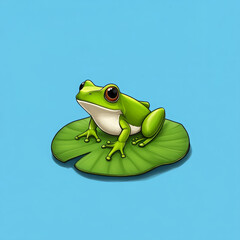 Cute frog lily pad green cartoon blue background happy animal amphibian