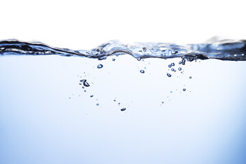 Air Bubbles Float Up Underwater. Water Splashing, Pure Drinking Water, Oxygen Relaxation. Blue Water Textured on White Background.	