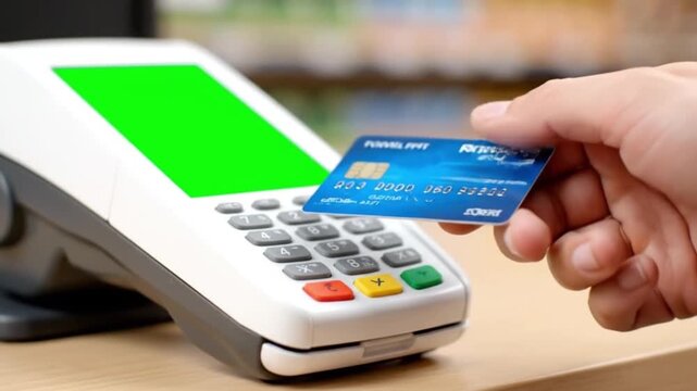 Payment terminal POS machine with green screen and hand holding credit card for fintech mock-up.