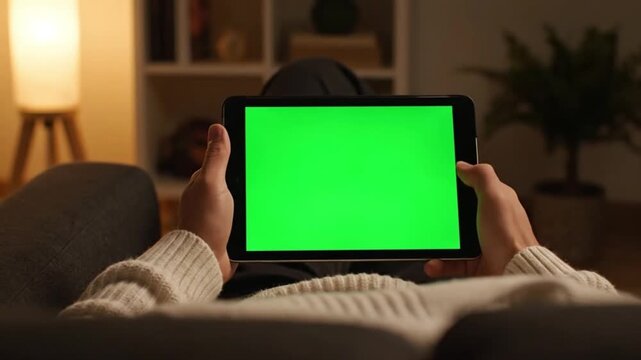 Over the shoulder view of person holding e-reader tablet with green screen on cozy sofa.