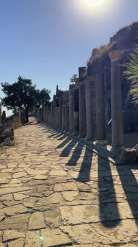 Ruins of the ancient Roman port city of Siedra in Alanya, Antalya, Turkey. The street and ruins of the ancient abandoned ancient city of Siedra on the Mediterranean coast. 4К