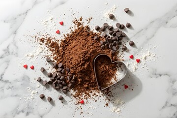 Cocoa Powder, Chocolate Chips and Heart Cookie Cutter Flat Lay on Marble