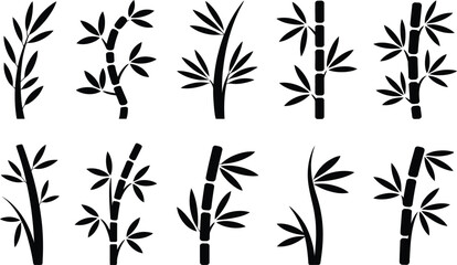 Collection of Black Bamboo Stalks and Leaves Silhouettes