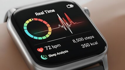 Smartwatch displaying real-time health data including heart rate, steps, and sleep analysis.