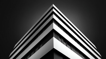 A striking building merges bold black horizontal lines with luminous vertical white planes Shadows sharpen geometry Scene remains