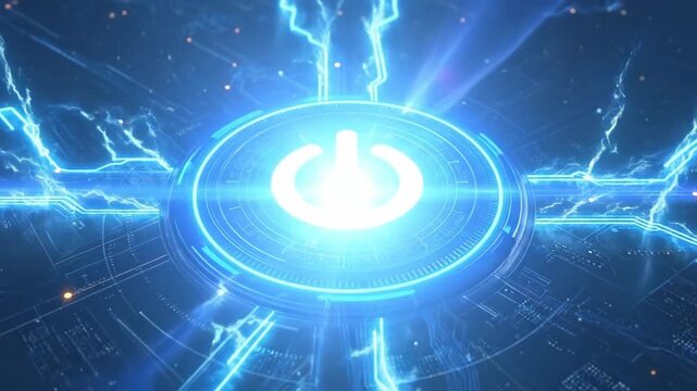 Futuristic Power Button Glowing in a Digital World with Energy.