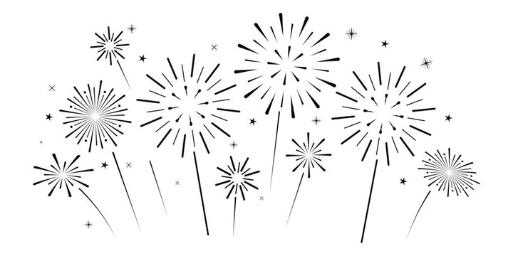 Minimalist Black Firework Vector Illustration Set; Collection of Abstract Bursting Celebration Sparkles Isolated on White Background for Silhouette Art, Print, and Poster Design