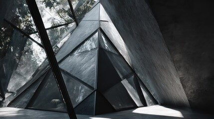 A striking pavilion merges crystalline glass prisms with heavy stone slabs emphasizing contrast between lightness and solidity Shadows