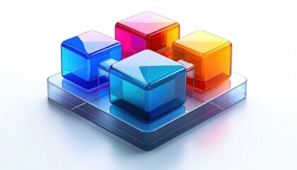 Colorful, transparent cubes connected on a glass platform, white background