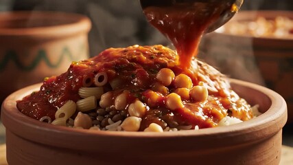 Preparing Traditional Dish with Various Toppings.