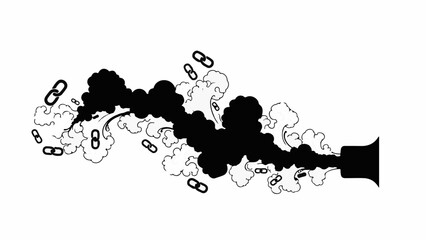 Black smoke billows from a nozzle, scattering digital chain links into the air, symbolizing data loss or network disconnection.