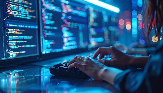 暗闇の中でコードを書く技術者がデータ処理に集中