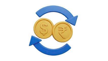 Dollar and Rupee Coins with Exchange Arrows