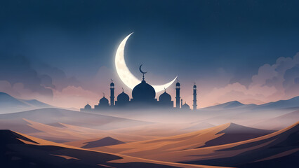 Ramadan Background with Mosque Silhouette and Crescent Moon