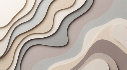 Abstract layered pattern with flowing organic curves and soft shadows in tranquil beige, grey, and cream earth tones, creating a calming, dimensional background texture