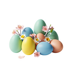 A vibrant arrangement of pastel-colored easter eggs and delicate spring flowers