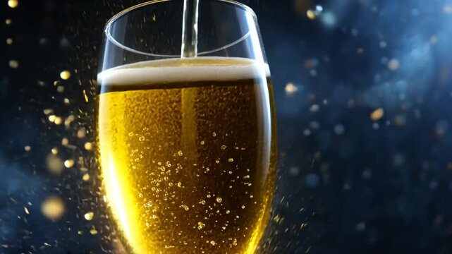 champagne glass with bubbly drink and sparkles