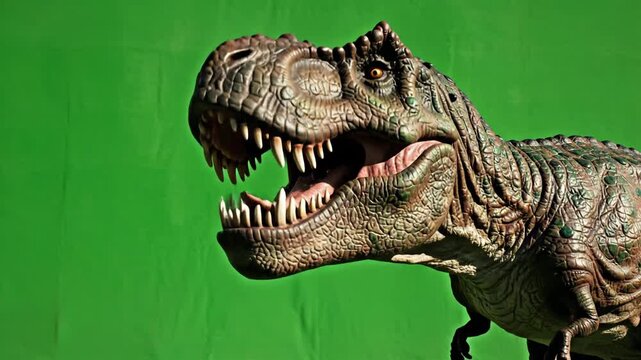 Tyrannosaurus dinosaur. Roaring T-Rex. Green screen background. Dinosaur head. Prehistoric creature. Fierce animal. Monster. Illustration for design. Educational material. Science. Nature.