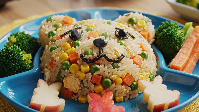 Rice dish shaped like a bear with colorful vegetables on a blue plate