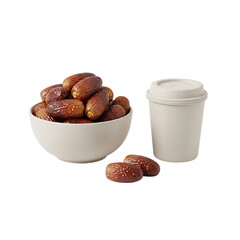 A bowl of fresh dates next to a simple reusable cup on a black background