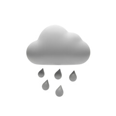 A modern 3d icon depicting a grey cloud and falling rain, isolated on a black background