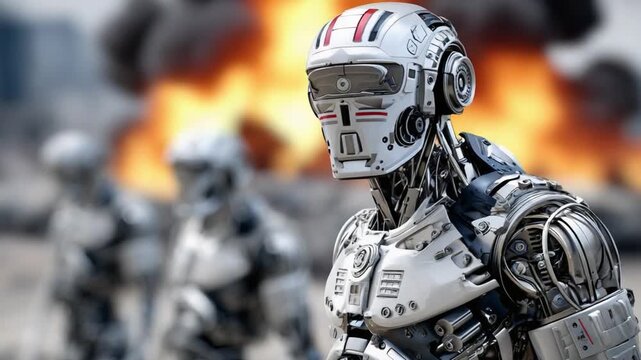 Cybernetic Sentinel: A futuristic cyborg, stands guard amidst a scene of industrial turmoil, embodying resilience and technological prowess. The cyborg's expressionless gaze.