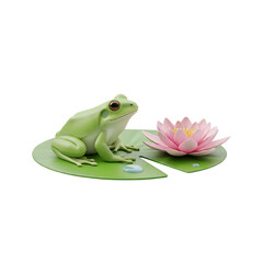 A vibrant green frog calmly sits on a lily pad next to a beautiful pink water lily