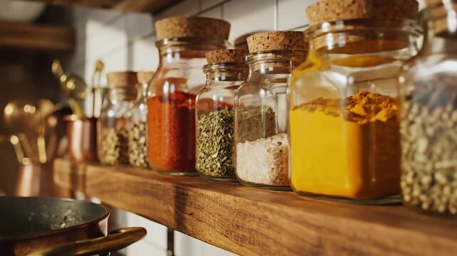 Spice jars displayed on wooden shelf kitchen interior