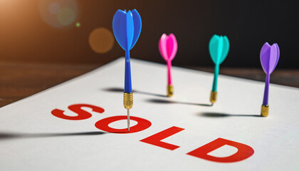 Colorful darts hitting a white surface with the word sold in red blue pink green