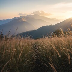 Golden grassland in the foreground with tall reeds swaying gently.