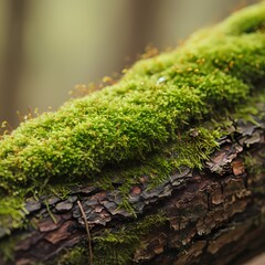 A close up of vibrant green moss covers the surface of a weathered textured tree log. 