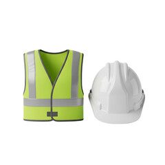 A bright yellow safety vest with reflective stripes and a white hard hat side by side