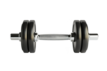 A sleek dumbbell with black weights and a silver handle on transparent background
