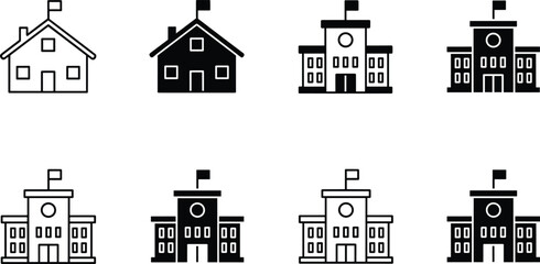 Solid and Outline Vector Icon Set Featuring Primary School Buildings University Infrastructure Academic Institutions and Educational Facility Symbols