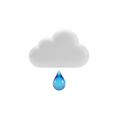 A simple 3d render of a white cloud with a single blue raindrop falling from it against a black background